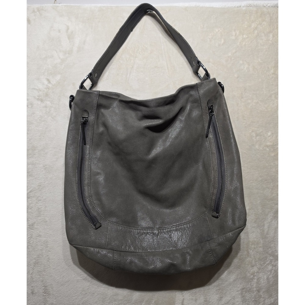 Elliott Lucca Gray Pebbled Leather Slouchy Hobo Shoulder Bag Crossbody‎ Large